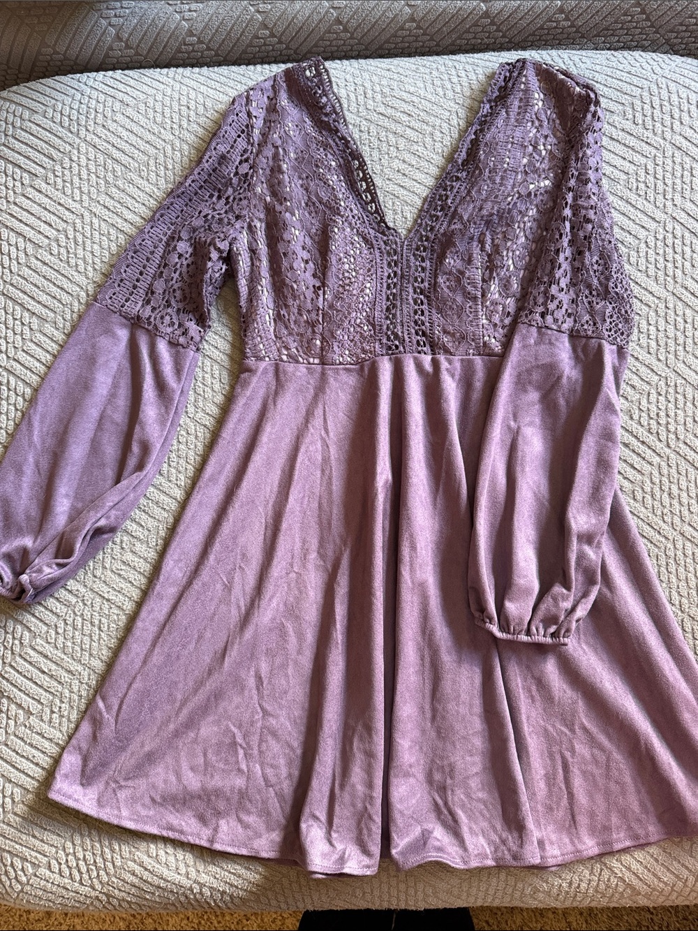 Lace & soft suede Long Sleeve V-Neck Dress in Dusty Mauve